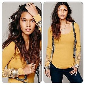 We the Free Mustard Yellow Crochet Thermal Top XS